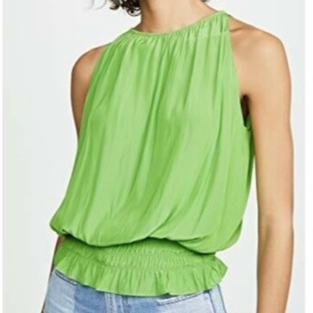 Ramy Brook Lauren Sleeveless Ruched Blouson Top Blouse Shirt in Capri Green, XL